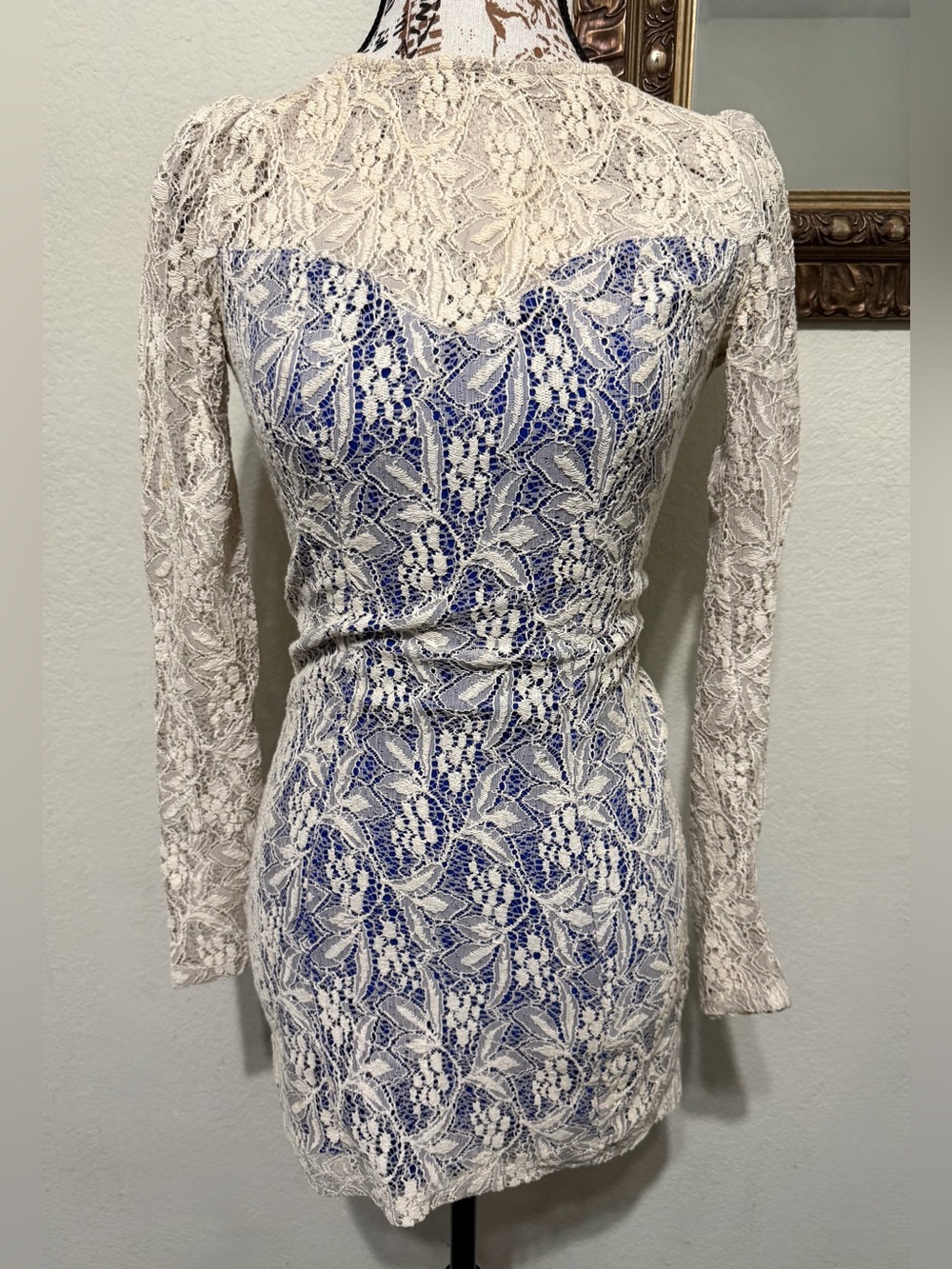 Mimi Chica Blue and Ivory Lace Long-Sleeve Sheath Dress